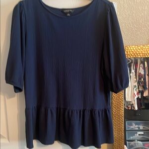 Women’s Navy Peplum Blouse - Classic Crewneck